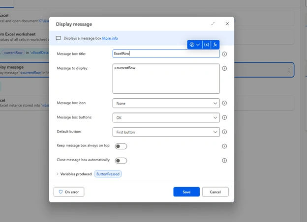 Display message