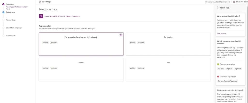 PowerApps AI - Text Classification