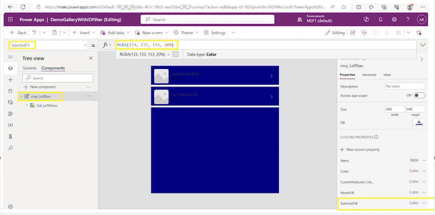 Create 4 additional new custom input properties to display menu colors.
