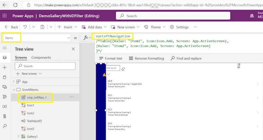 Set Items and Default property of left navigation component.