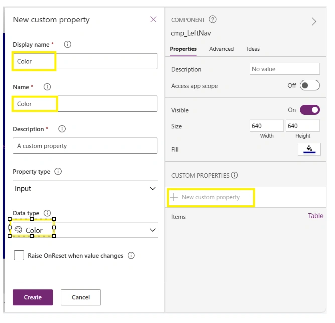 Create 4 additional new custom input properties to display menu colors.