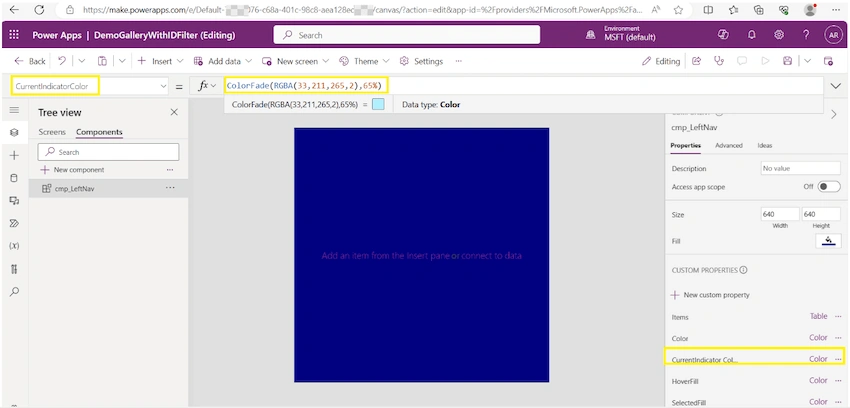 Create 4 additional new custom input properties to display menu colors.