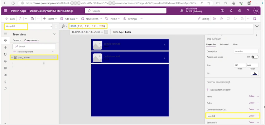 Create 4 additional new custom input properties to display menu colors.