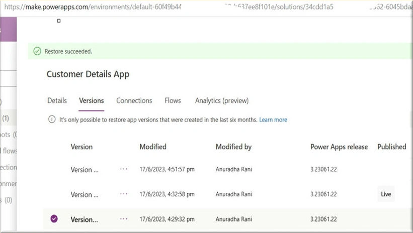Version history in PowerApps