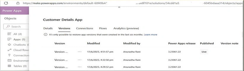 Version history in PowerApps