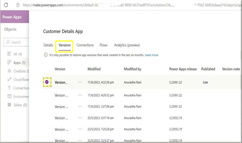 Version history in PowerApps