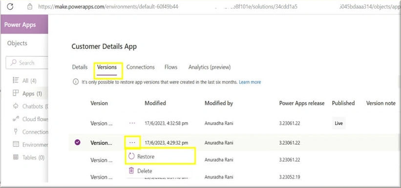 Version history in PowerApps