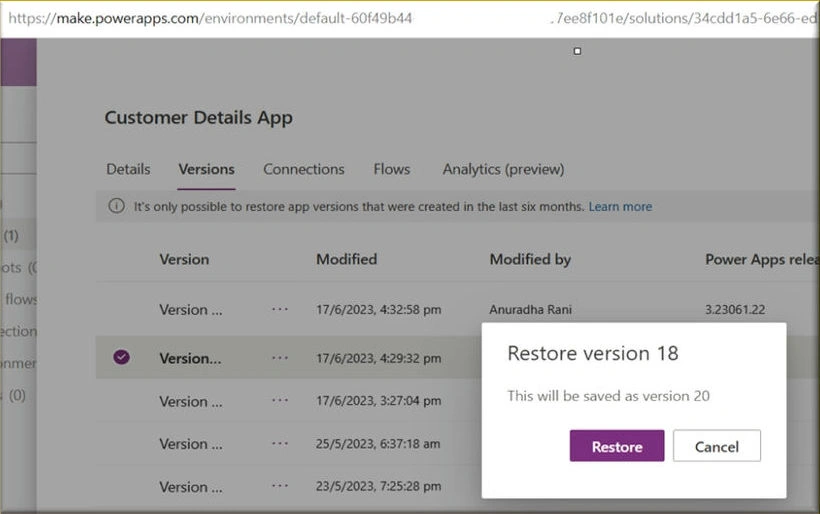 Version history in PowerApps