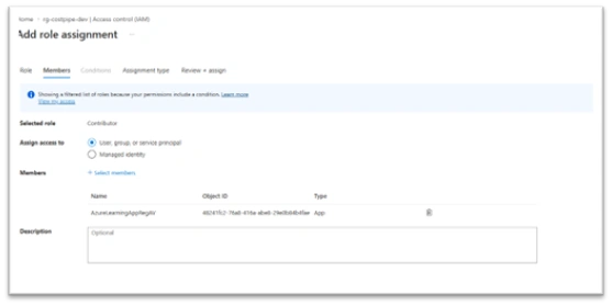 Make sure the app has contribute permission on the resource group.