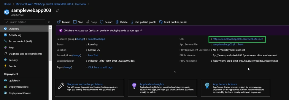 Publish .NET Core WebApp to Azure