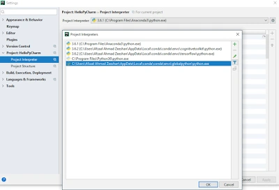 Selection of Python interpreter in PyCharm.