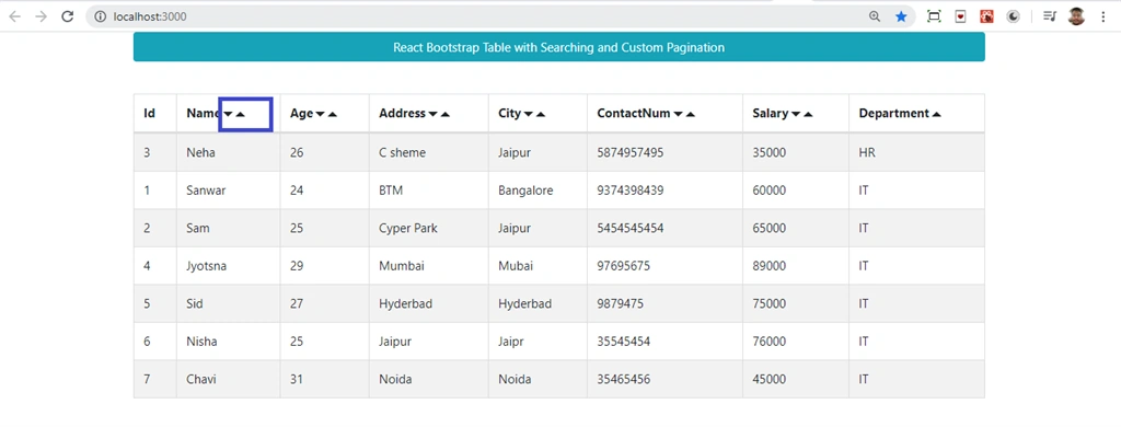 React Bootstrap Table With Searching And Custom Pagination