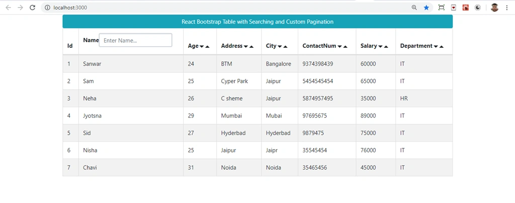 React Bootstrap Table With Searching And Custom Pagination
