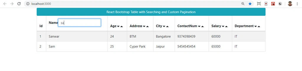 React Bootstrap Table With Searching And Custom Pagination