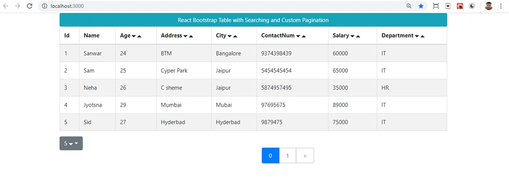 React Bootstrap Table With Searching And Custom Pagination