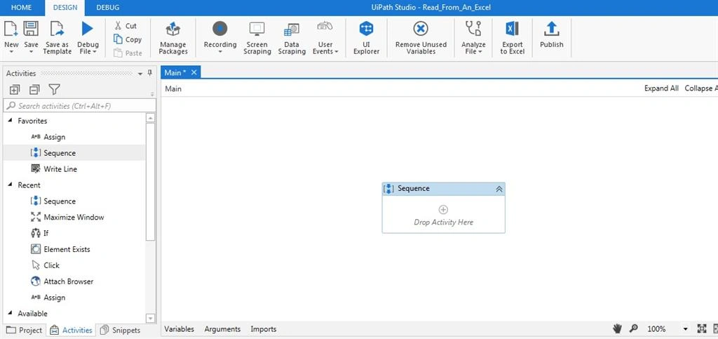 Drag Sequence activity under main