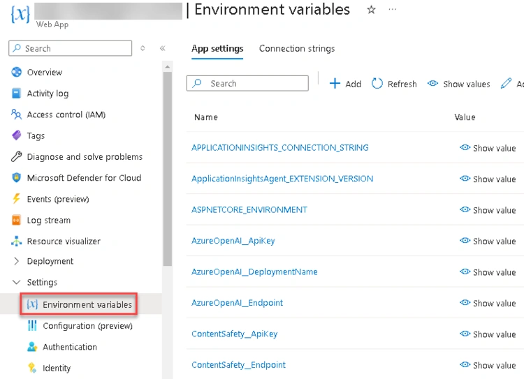 9. app service settings