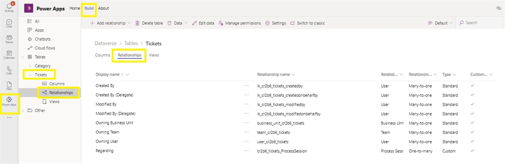 Relationship between tables in Dataverse using PowerApp from MS Team