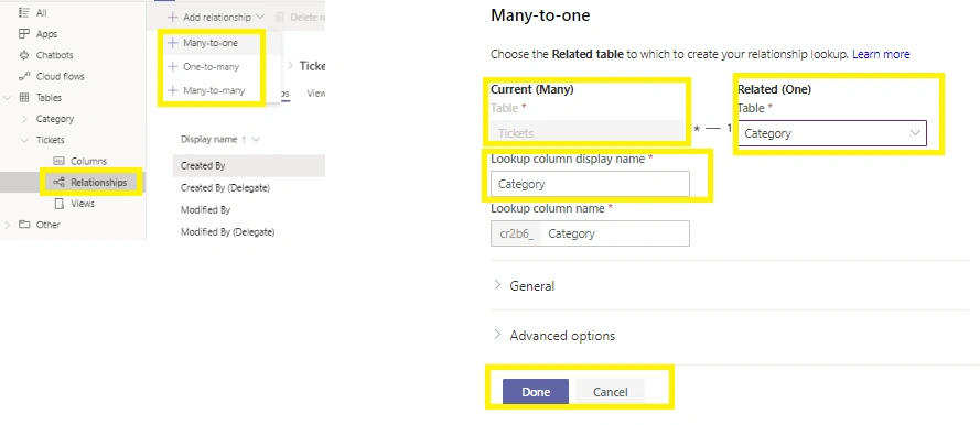 Relationship between tables in Dataverse using PowerApp from MS Team