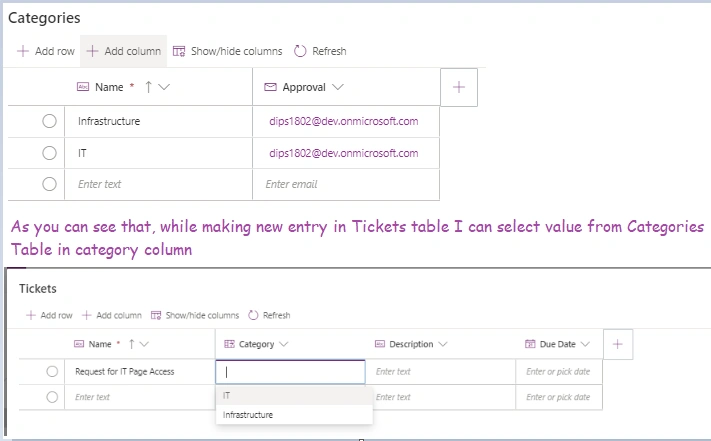 Relationship between tables in Dataverse using PowerApp from MS Team
