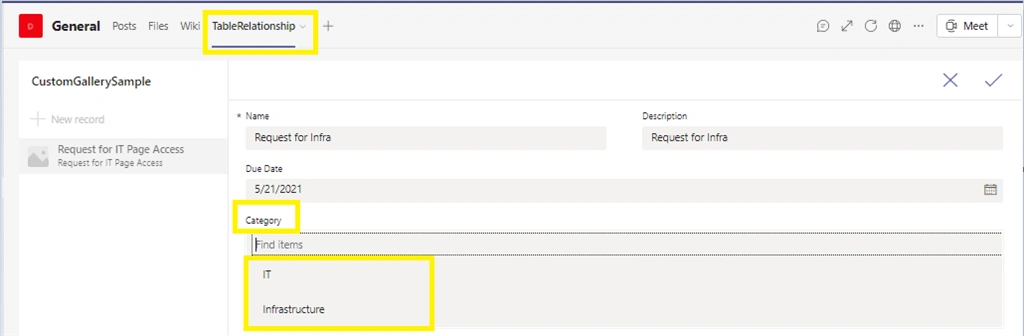 Relationship between tables in Dataverse using PowerApp from MS Team