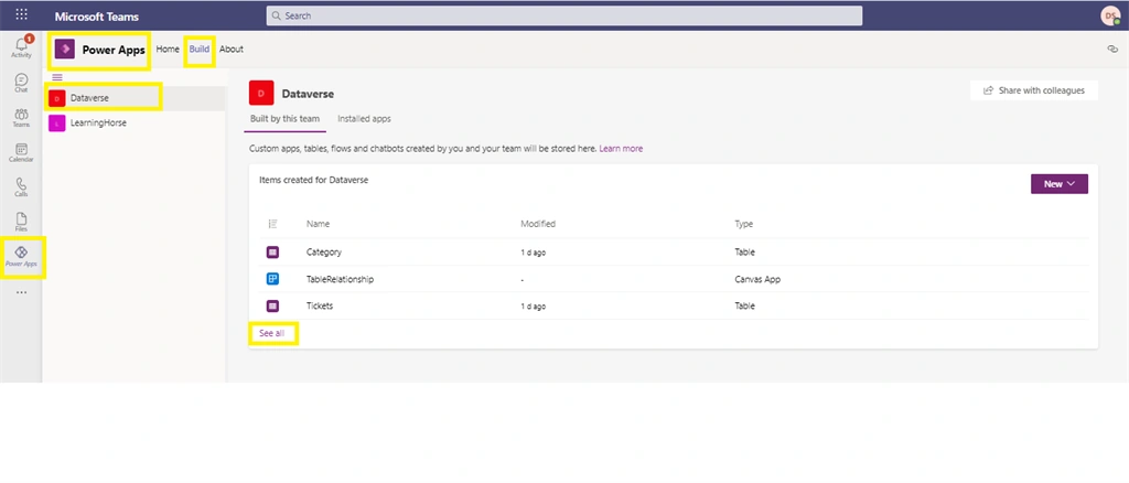 Relationship between tables in Dataverse using PowerApp from MS Team