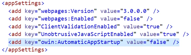 web.config file change for disableing the automatic startup of OWIN