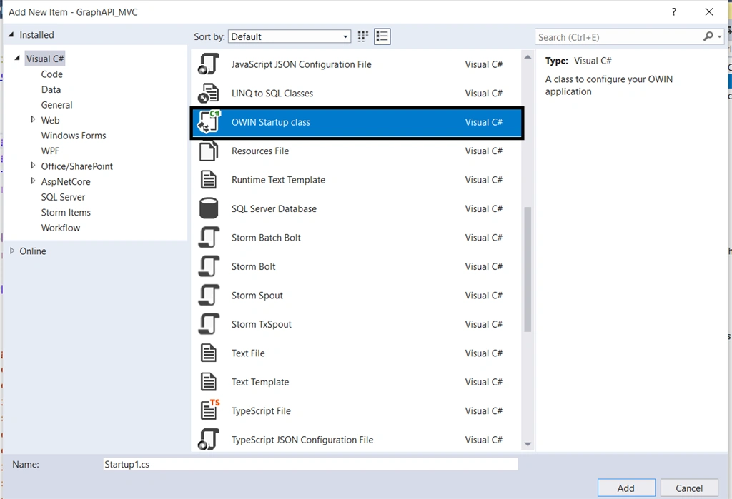  adding default OWIN Startup class in project