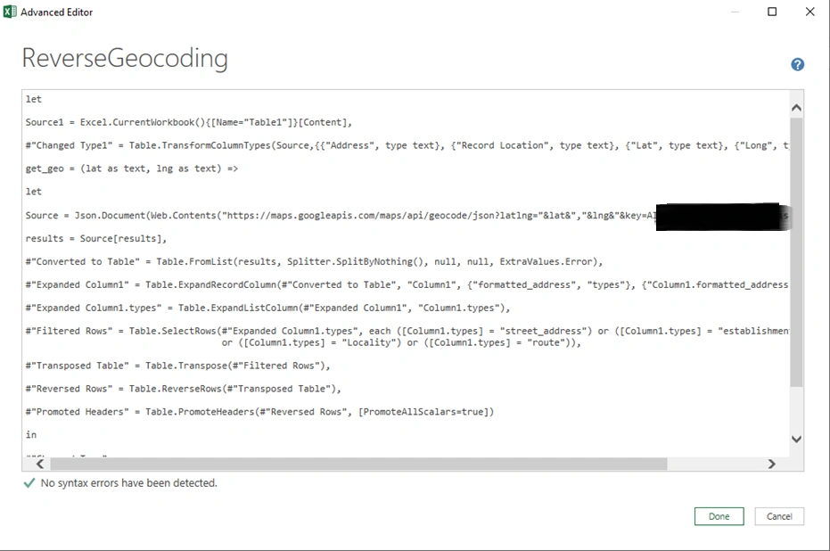 Reverse Geo Coding Using Google Maps API In Power Query