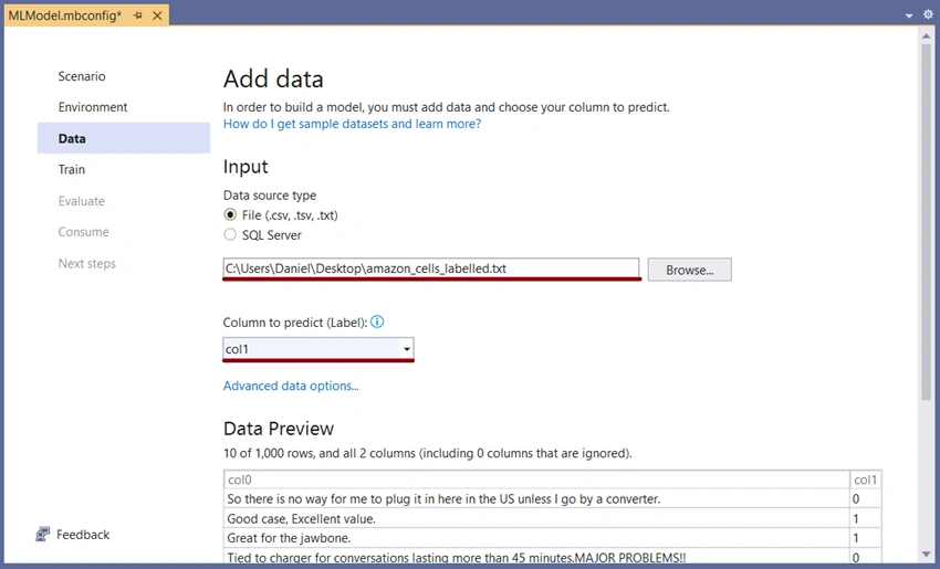 Sentiment analysis in an ASP.NET web application with ML.NET