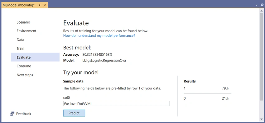 Sentiment analysis in an ASP.NET web application with ML.NET