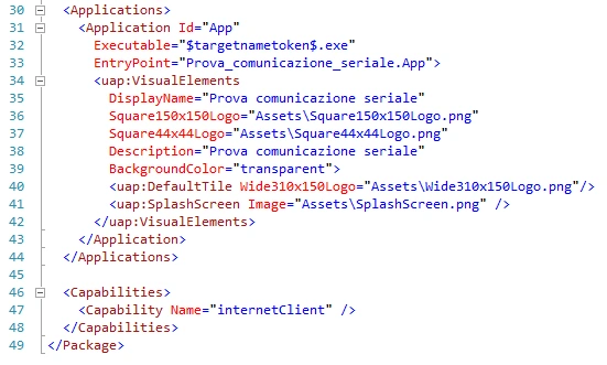 Applications and Capabilities section of Package.appxmanifest file