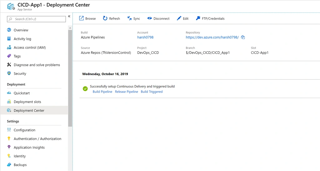 Azure App Deployment Center