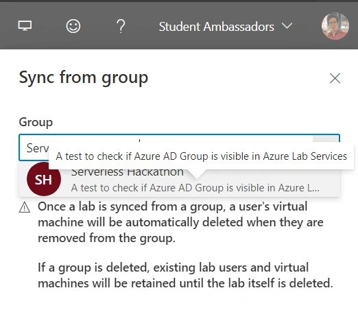 The created Azure AD Group displayed in Azure Lab Services dropdown menu to sync users.
