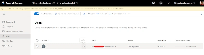 invite button to send an email with the registration link and a message