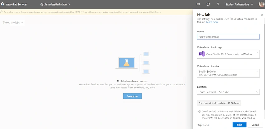 Create a lab in labs.azure.com.