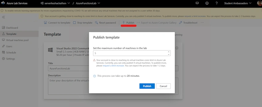 wizard to publish the template VM
