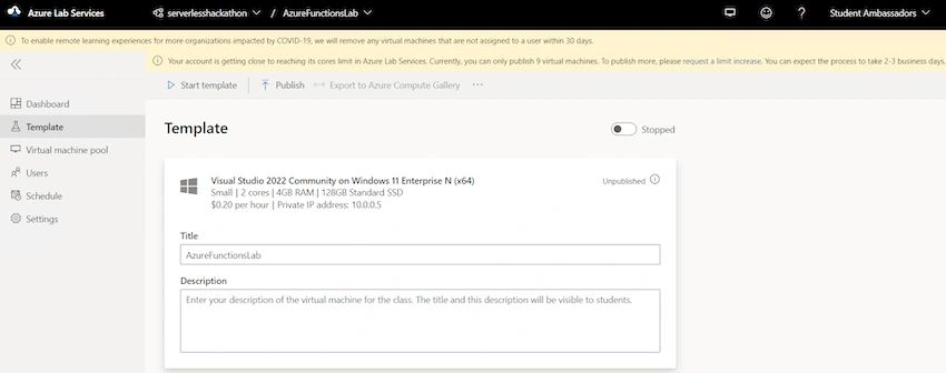 template VM initially stopped.