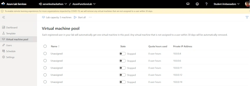 virtual machine pool section where all VMs are displayed with their info