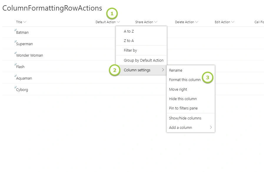 Add Custom Row actions in SharePoint list items with Column Formatting