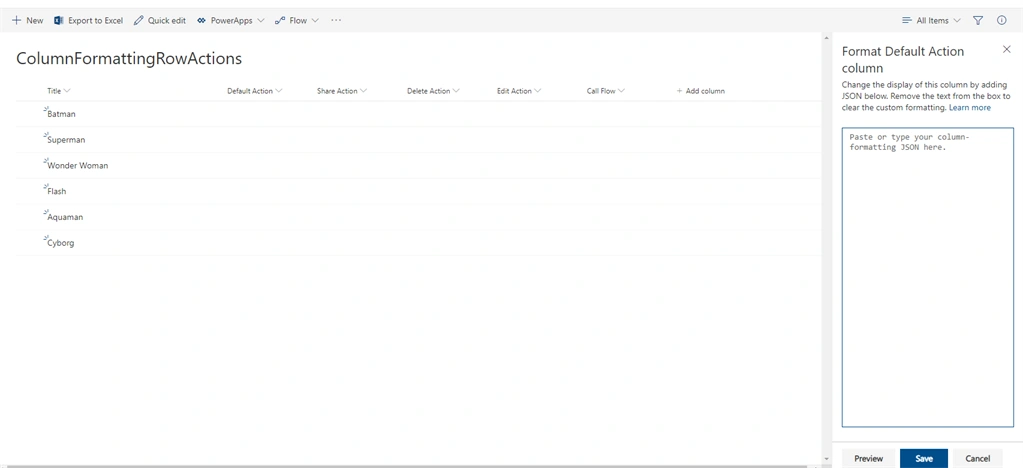 Add Custom Row actions in SharePoint list items with Column Formatting