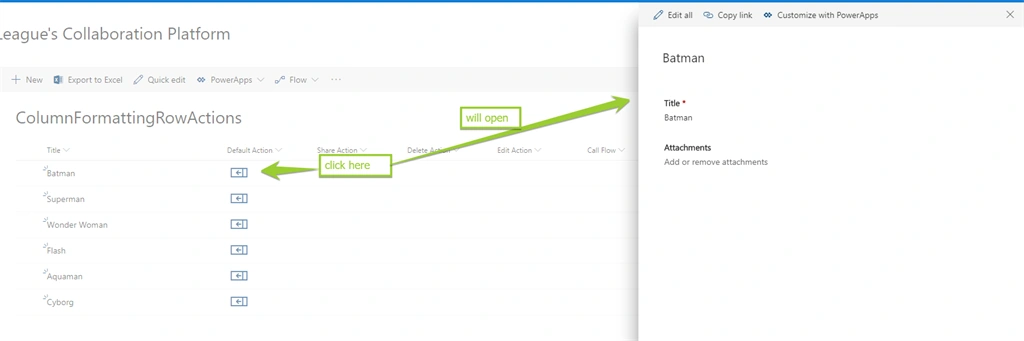 Add Custom Row actions in SharePoint list items with Column Formatting