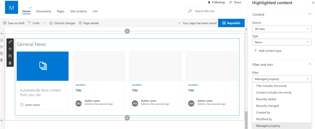 Setup SharePoint Highlighted Content Webpart For Managed Property Filter