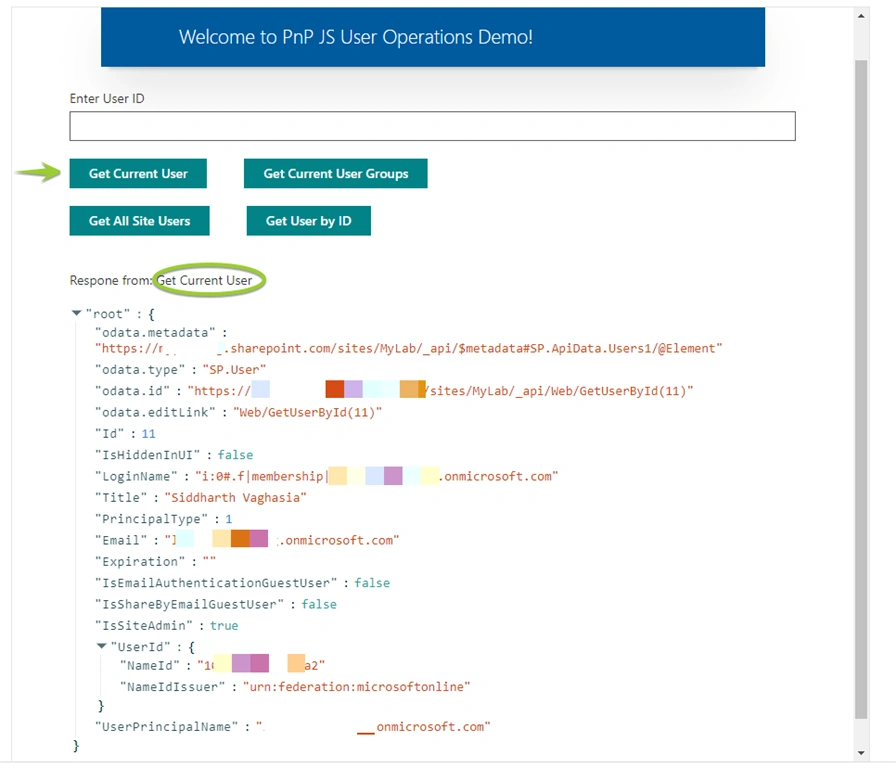SharePoint User Operations Demo Using PnP JS In React Based SPFx Webpart