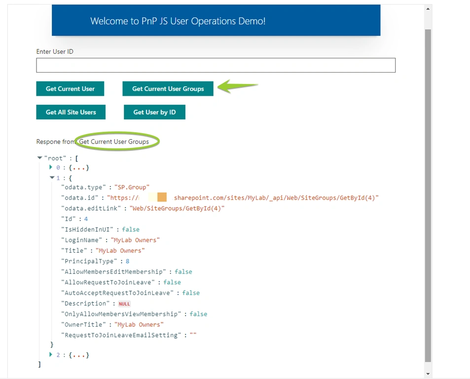 SharePoint User Operations Demo Using PnP JS In React Based SPFx Webpart