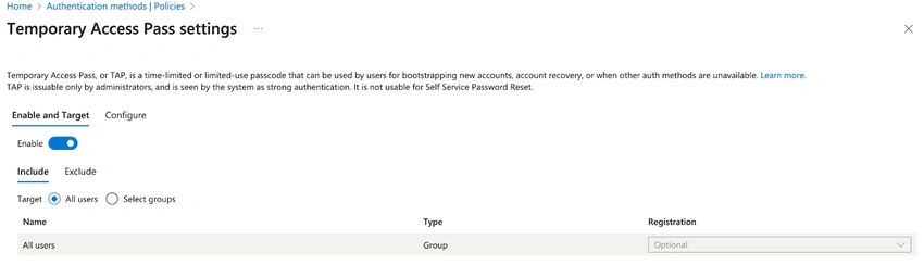 Temporary Access Pass Settings