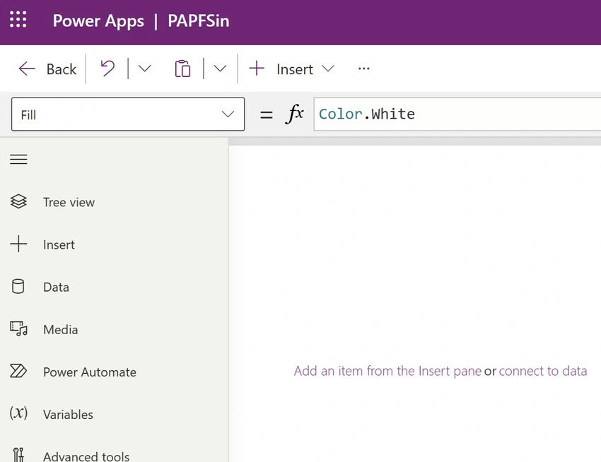 Add an item from the insert pane or connect to dats