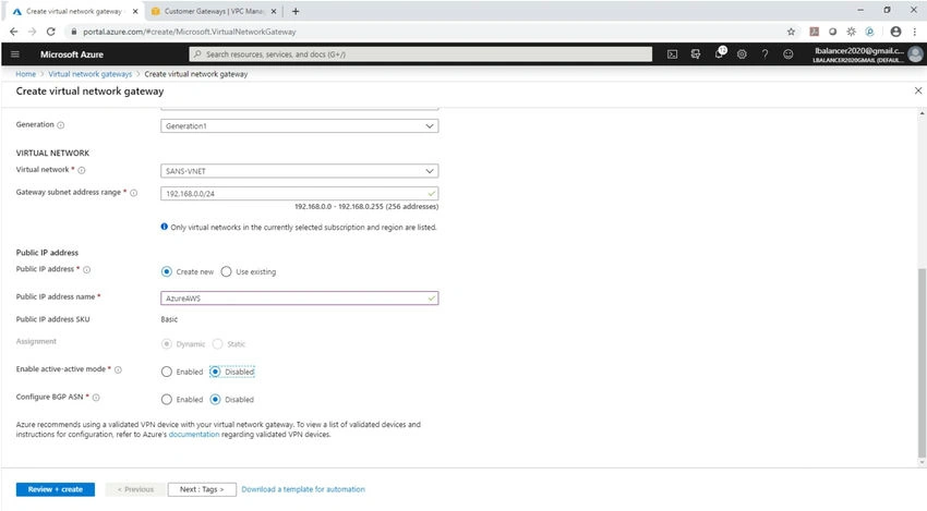 Azure-AWS Click “Review + create
