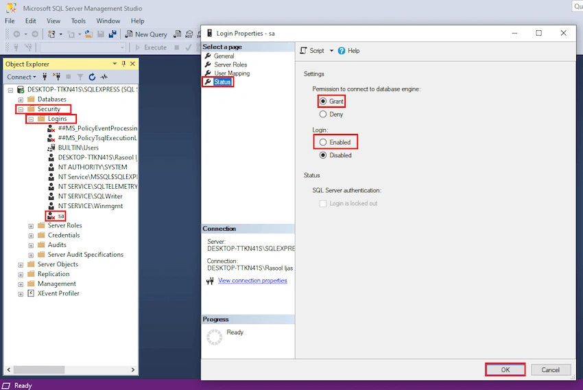 Login failed for user 'sa'. Microsoft SQL Server, Error 18456