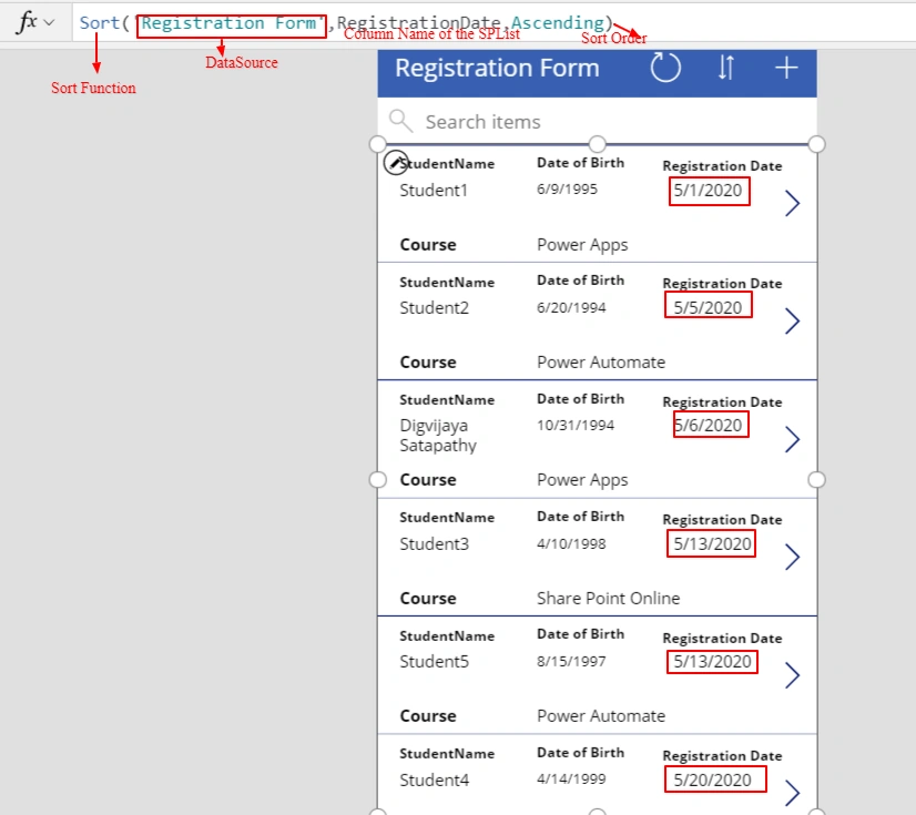 Sort, SortByCoulmn Along With Filter Functions Used In Microsoft PowerApps Gallery